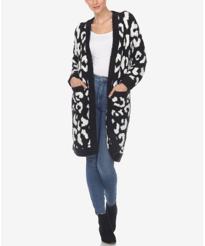 Women's Leopard Print Open Front Sherpa Cardigan Black, White $26.40 Sweaters