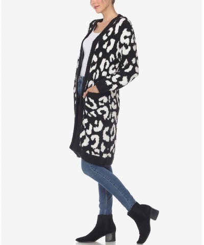 Women's Leopard Print Open Front Sherpa Cardigan Black, White $26.40 Sweaters