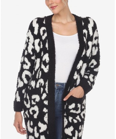 Women's Leopard Print Open Front Sherpa Cardigan Black, White $26.40 Sweaters