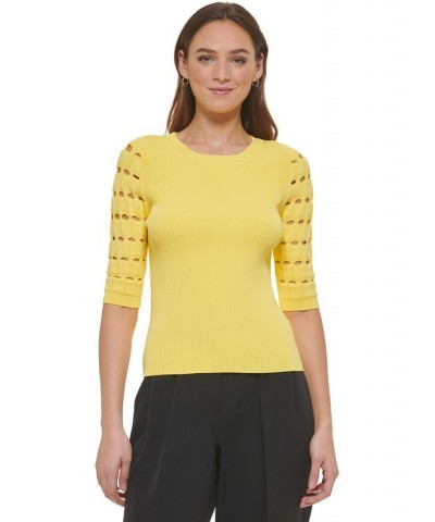 Women's Checkered-Sleeve Ribbed Crewneck Sweater Yellow $44.03 Sweaters