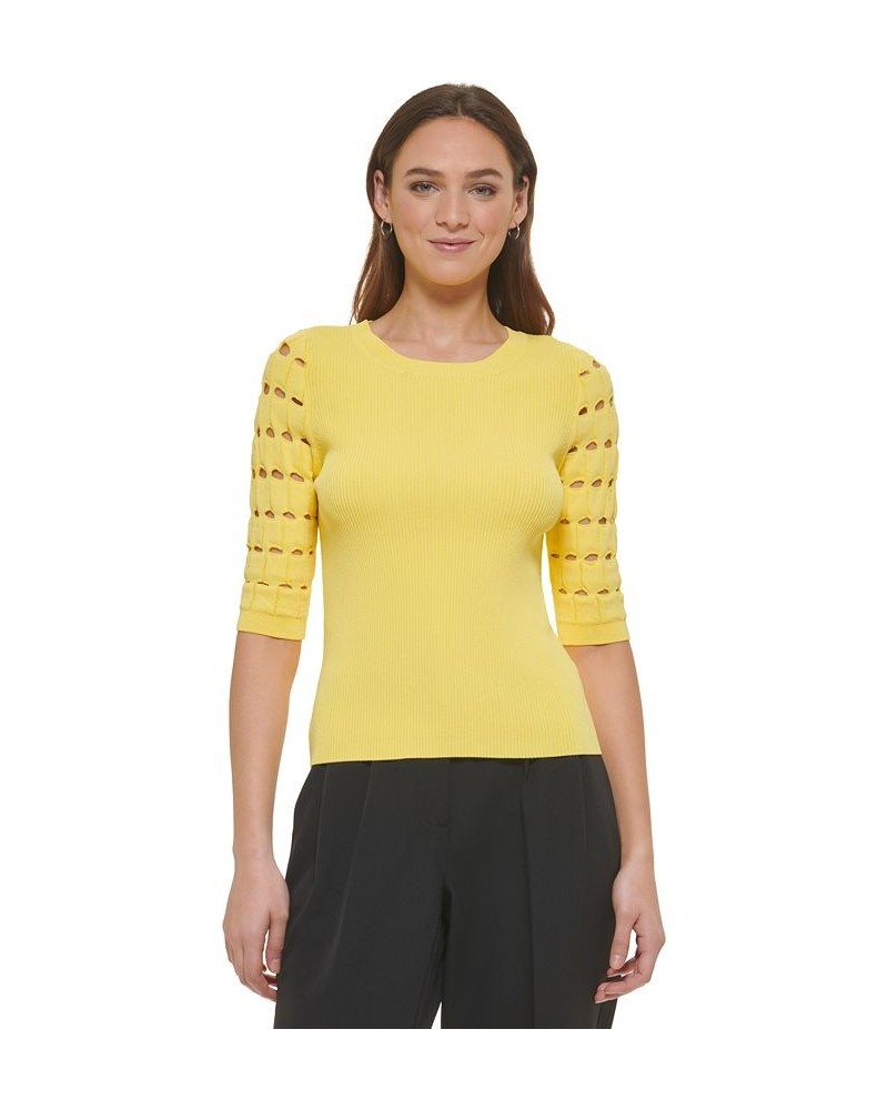 Women's Checkered-Sleeve Ribbed Crewneck Sweater Yellow $44.03 Sweaters