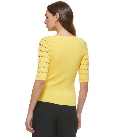 Women's Checkered-Sleeve Ribbed Crewneck Sweater Yellow $44.03 Sweaters