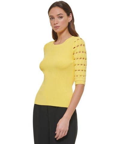 Women's Checkered-Sleeve Ribbed Crewneck Sweater Yellow $44.03 Sweaters