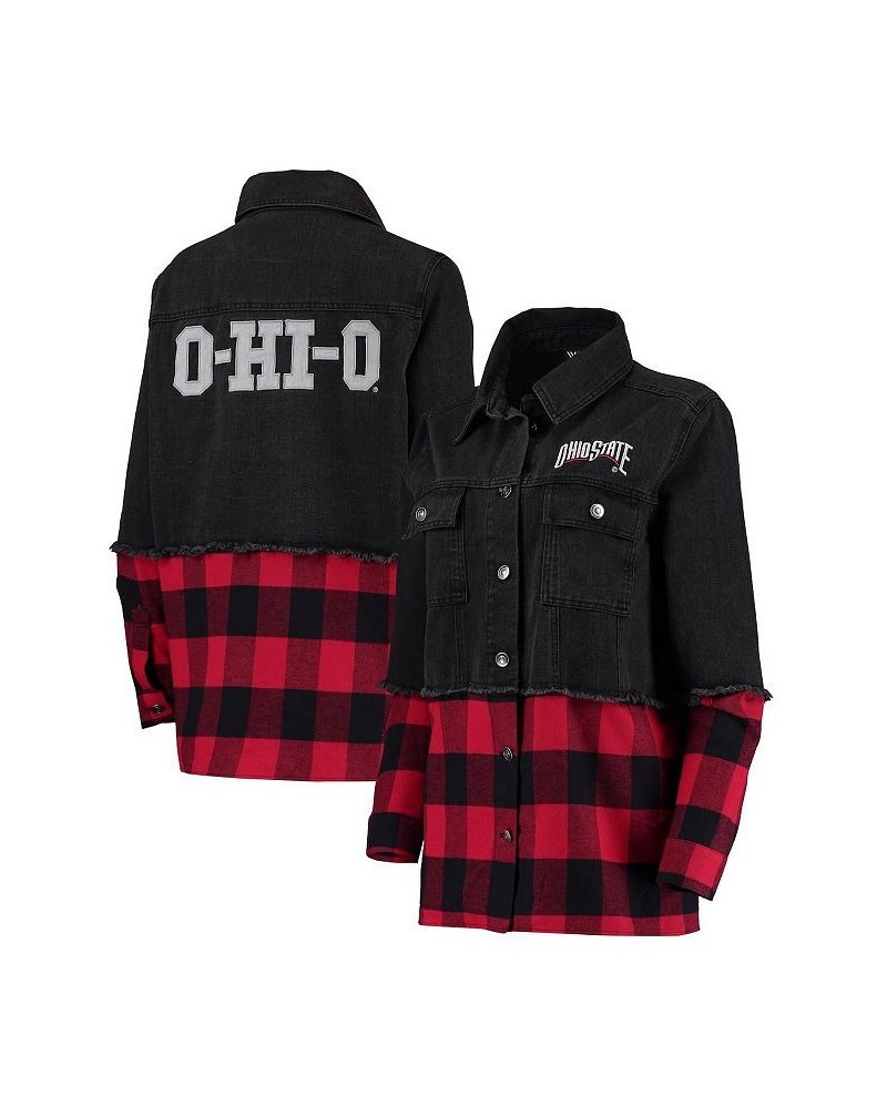 Women's Black Scarlet Ohio State Buckeyes Denim Flannel Stitch Button-Up Shirt Black, Scarlet $40.00 Tops