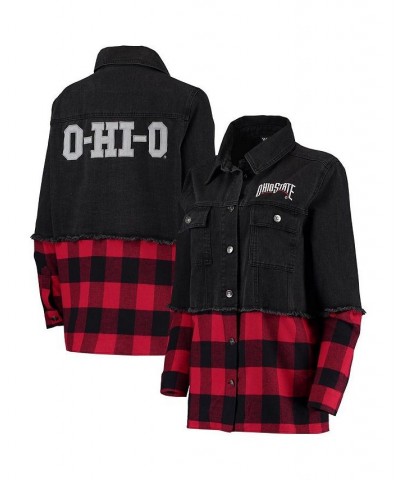 Women's Black Scarlet Ohio State Buckeyes Denim Flannel Stitch Button-Up Shirt Black, Scarlet $40.00 Tops