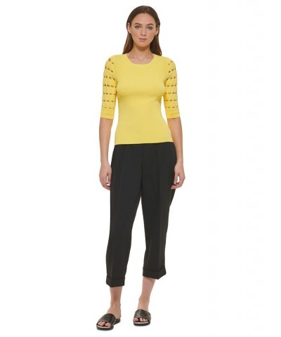 Women's Checkered-Sleeve Ribbed Crewneck Sweater Yellow $44.03 Sweaters