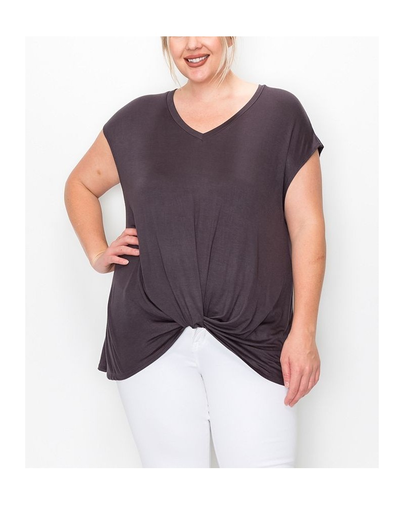 Plus Size V-neck Twist Front Top Charcoal $16.56 Tops