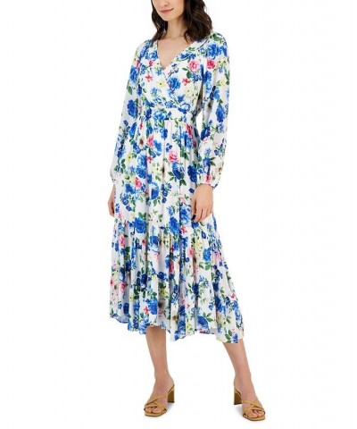 Women's Floral-Print Surplice Tiered Midi Dress Winter Garden $50.40 Dresses