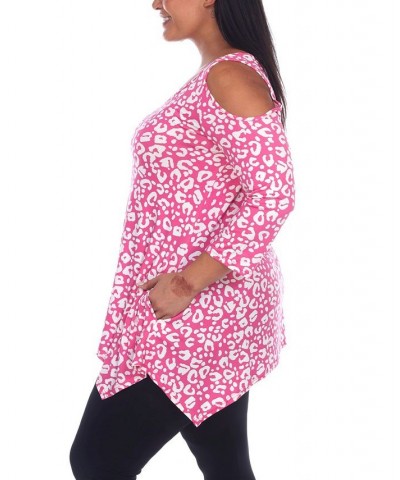 Plus Size Leopard Cold Shoulder Tunic Top Pink $25.42 Tops