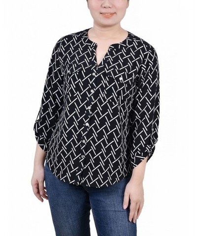 Women's 3/4 Roll Tab Sleeve Mandarin Collar Blouse Black White Line Abstract Line $13.44 Tops