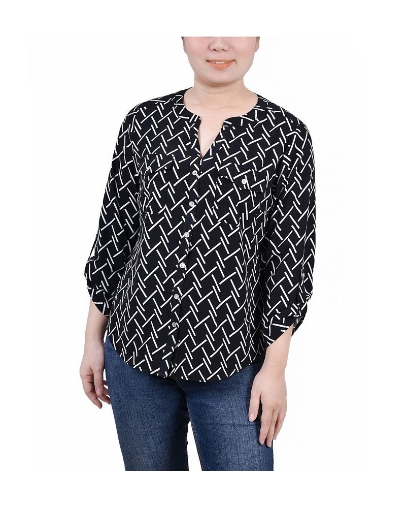 Women's 3/4 Roll Tab Sleeve Mandarin Collar Blouse Black White Line Abstract Line $13.44 Tops