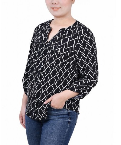 Women's 3/4 Roll Tab Sleeve Mandarin Collar Blouse Black White Line Abstract Line $13.44 Tops