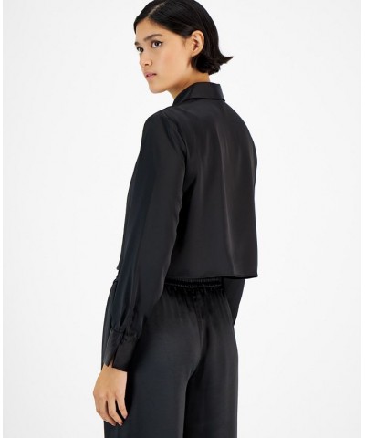 Women's Cropped Button-Front Long-Sleeve Blouse Black $23.14 Tops