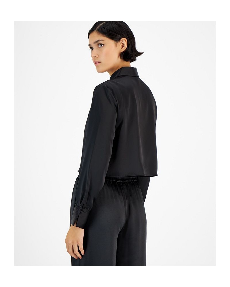 Women's Cropped Button-Front Long-Sleeve Blouse Black $23.14 Tops