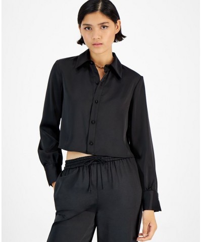 Women's Cropped Button-Front Long-Sleeve Blouse Black $23.14 Tops