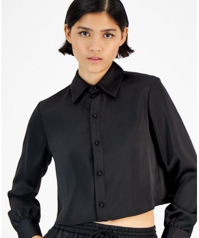 Women's Cropped Button-Front Long-Sleeve Blouse Black $23.14 Tops