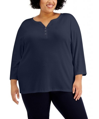 Plus Size 3/4-Sleeve Henley Top Cassis $8.79 Tops