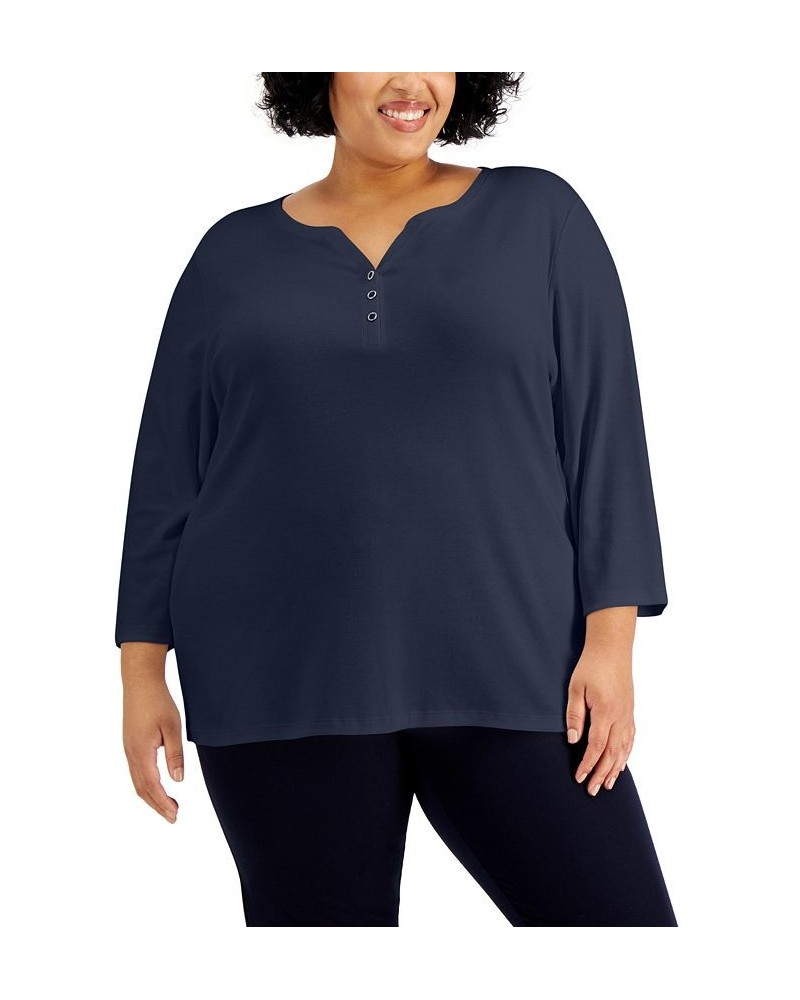 Plus Size 3/4-Sleeve Henley Top Cassis $8.79 Tops