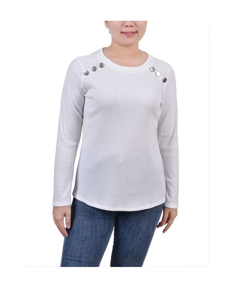 Petite Long Sleeve Ribbed Button Detail Top Ivory/Cream $18.24 Tops