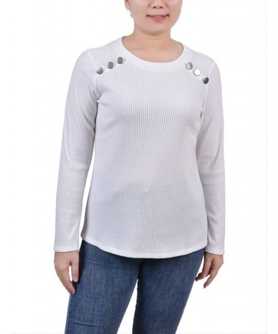 Petite Long Sleeve Ribbed Button Detail Top Ivory/Cream $18.24 Tops