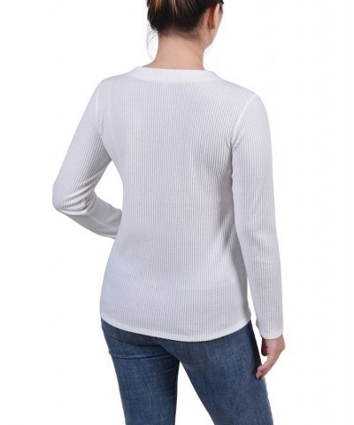 Petite Long Sleeve Ribbed Button Detail Top Ivory/Cream $18.24 Tops