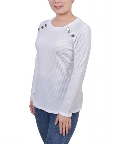 Petite Long Sleeve Ribbed Button Detail Top Ivory/Cream $18.24 Tops