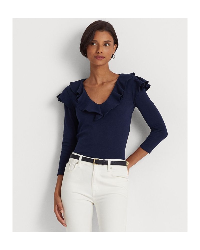 Women's Ruffle-Trim Stretch Cotton V-Neck Top French Navy $43.78 Tops