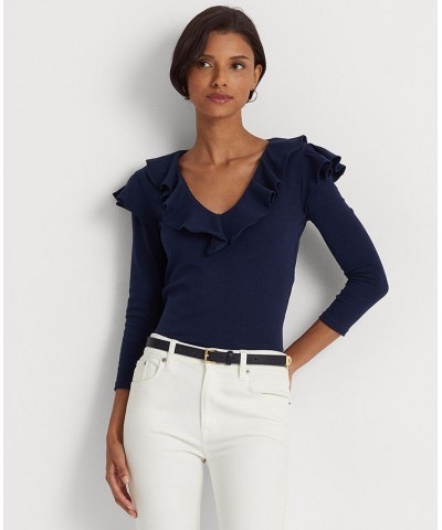 Women's Ruffle-Trim Stretch Cotton V-Neck Top French Navy $43.78 Tops