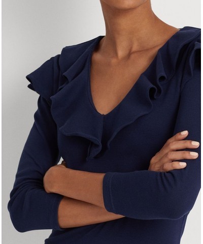 Women's Ruffle-Trim Stretch Cotton V-Neck Top French Navy $43.78 Tops