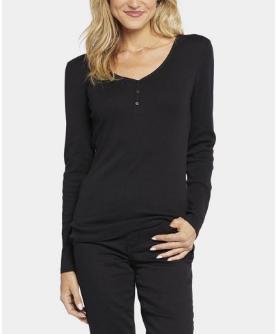 Women's Ribbed Long Sleeved Henley Top Black $27.73 Tops