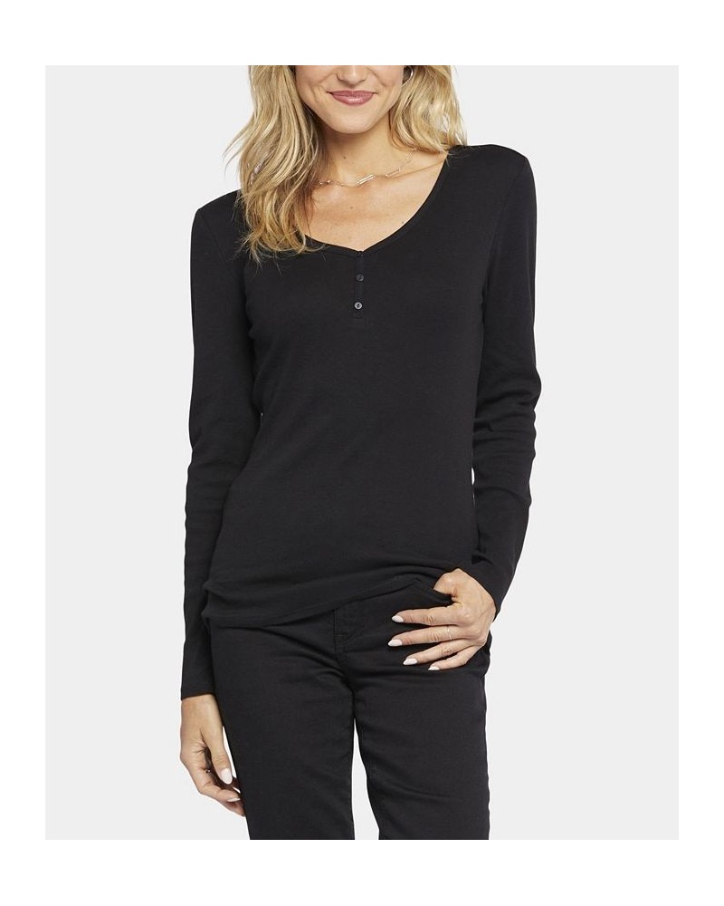 Women's Ribbed Long Sleeved Henley Top Black $27.73 Tops