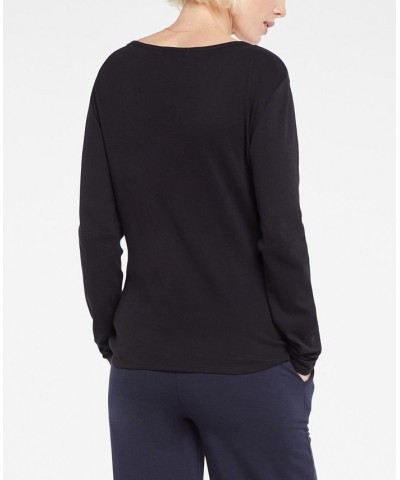 Women's Ribbed Long Sleeved Henley Top Black $27.73 Tops