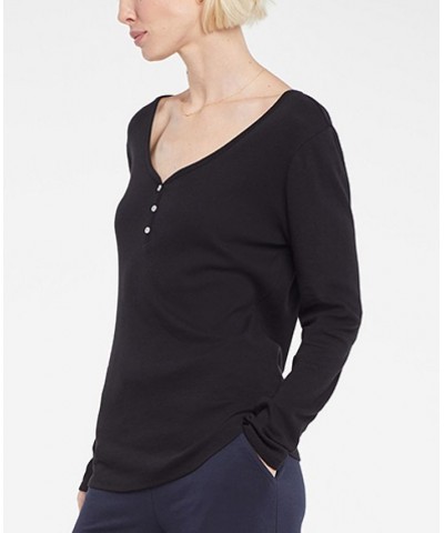 Women's Ribbed Long Sleeved Henley Top Black $27.73 Tops