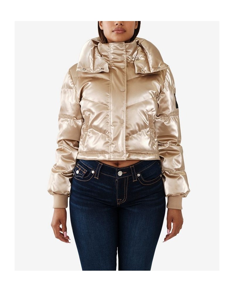 Women's Double Collar Shiny Puffer Jacket Travertine $66.46 Jackets