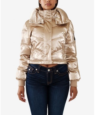 Women's Double Collar Shiny Puffer Jacket Travertine $66.46 Jackets