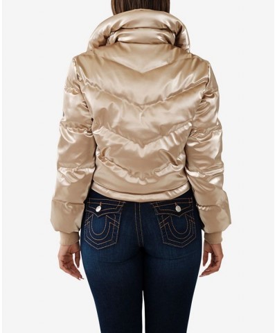 Women's Double Collar Shiny Puffer Jacket Travertine $66.46 Jackets