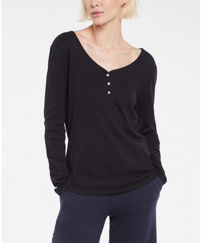 Women's Ribbed Long Sleeved Henley Top Black $27.73 Tops