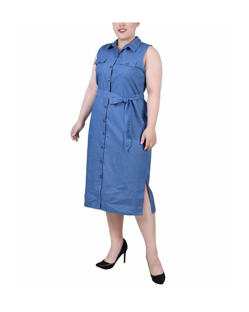 Plus Size Sleeveless Belted Chambray Dress Dark Denim $17.60 Dresses