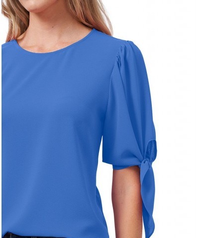 Women's Bow-Detail Puff-Sleeve Elbow Sleeve Blouse Brisk Blue $28.27 Tops