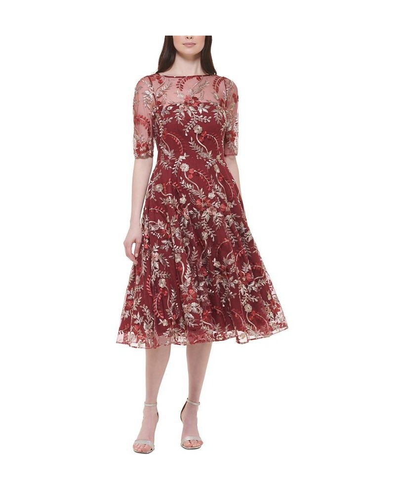 Petite Embroidered Mesh Elbow-Sleeve Midi Dress Wine $113.24 Dresses