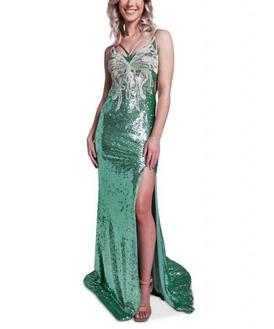 Juniors' Sage V-Neck Lace-Up-Back Sequin Gown Sage $78.87 Dresses