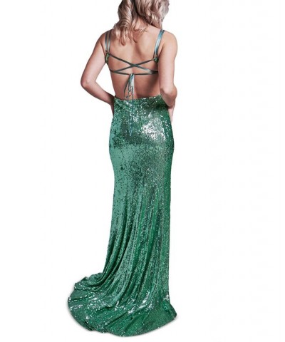 Juniors' Sage V-Neck Lace-Up-Back Sequin Gown Sage $78.87 Dresses