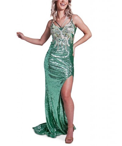 Juniors' Sage V-Neck Lace-Up-Back Sequin Gown Sage $78.87 Dresses